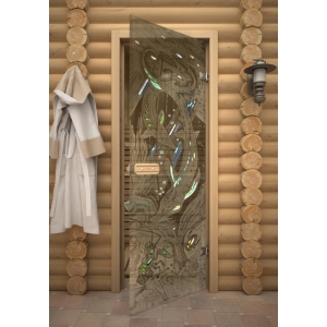 "ОСЕТРЫ" дверь для бани АКМА стекло с фьюзингом 690х1890мм