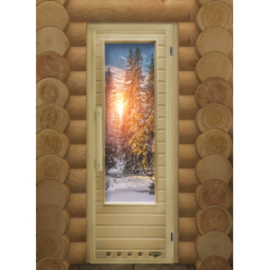 Дверь для сауны DOORWOOD липа со стеклом с петлями с вентиляционной решеткой  "ЭЛИТ ЗИМА" С ФОТОПЕЧАТЬЮ