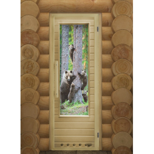 Дверь для сауны DOORWOOD липа со стеклом с петлями с вентиляционной решеткой "ЭЛИТ МИШКИ" С ФОТОПЕЧАТЬЮ