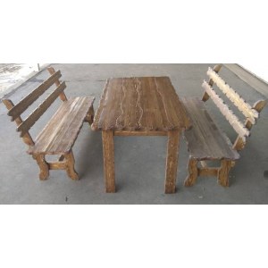 Состаренный комплект стол и две скамейки со спинкой